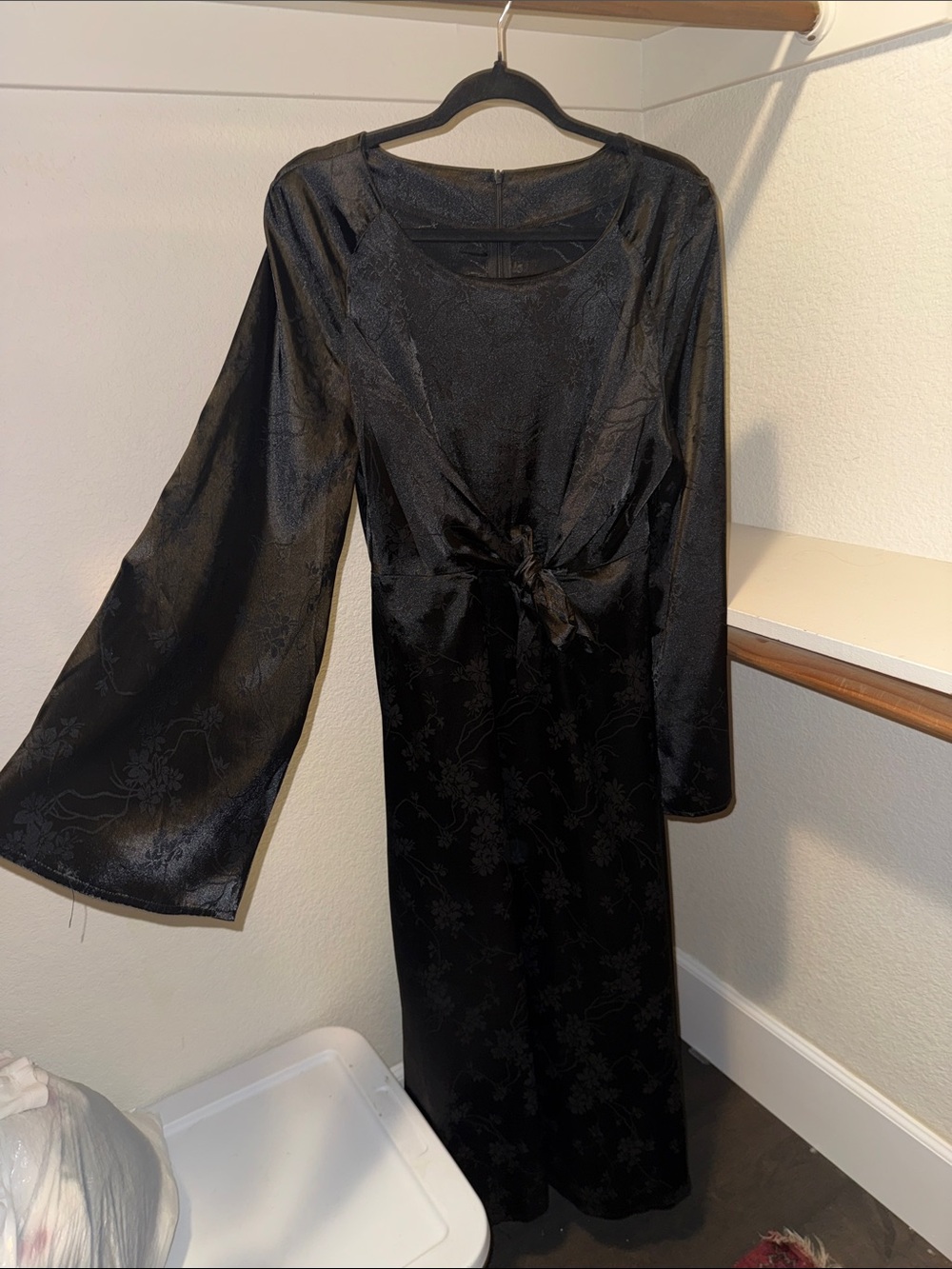 Black Floral Satin Tie-Waist Maxi Dress